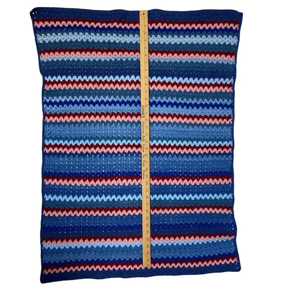 Knit or Crocheted Baby or Lap Blanket Lap Afghan Blue Red Pink Boho Granny